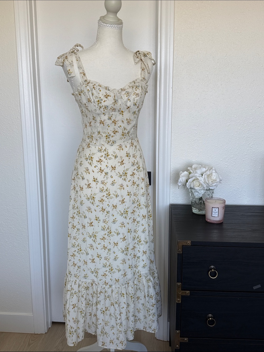 o.p.t. Toile de Jouey Cream Floral Tie-Shoulder Summer Midi Dress NWT SzSm